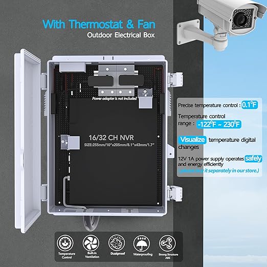 Akwscyby Outdoor Electrical Box, Waterproof Electrical Junction Box IP65 ABS Plastic Enclosure with Fan & Thermostat, Mounting Plate and Hinged Lid (15.7" H x 11" L x 5.9" W)