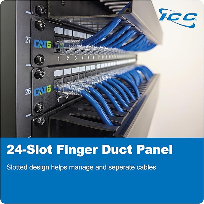 ICC 1U Finger Duct Cable Manager Panel with Cover, Plastic with Metal Back Frame, 3" Depth, Horizontal Cable Management, Rackmount for 19” Network Racks, Black, 6-Pack
