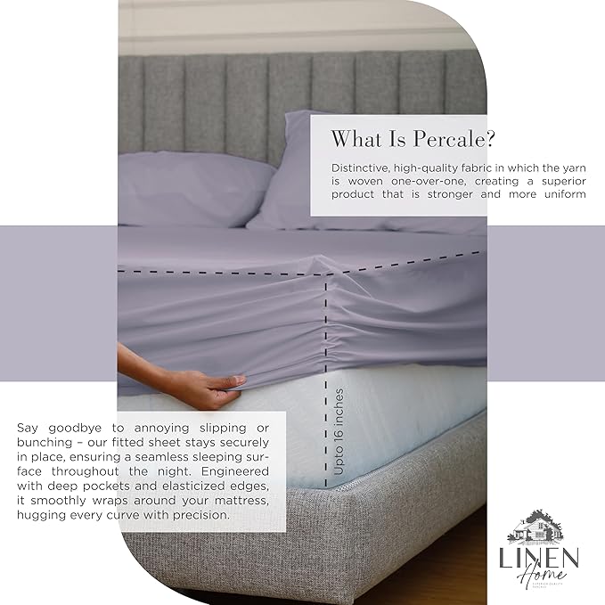 Linen Home 100% Cotton Percale Sheets King Size, Prelude Purple, Deep Pocket, 4 Pieces Set - 1 Flat, 1 Deep Pocket Fitted Sheet and 2 Pillowcases, Crisp Cool and Strong Bed Linen
