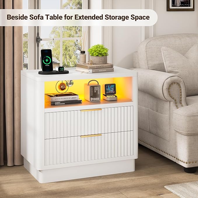 ELYKEN White LED Nightstand with Charging Station, Fluted 24" Wide Bedside Table with 2 Drawers Wood End Table with USB & Type-C Port for Bedroom