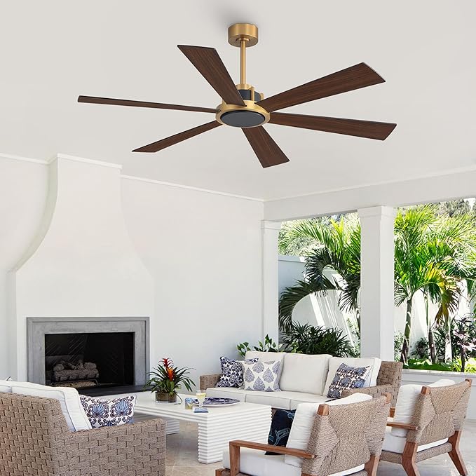 WINGBO 60 Inch Ceiling Fan without Light - 6 Plywood Blades, 6-Speed Reversible DC Motor, Noiseless Remote Control Ceiling Fan No Light for Bedroom Living Room Kitchen, Gold and Walnut/Black
