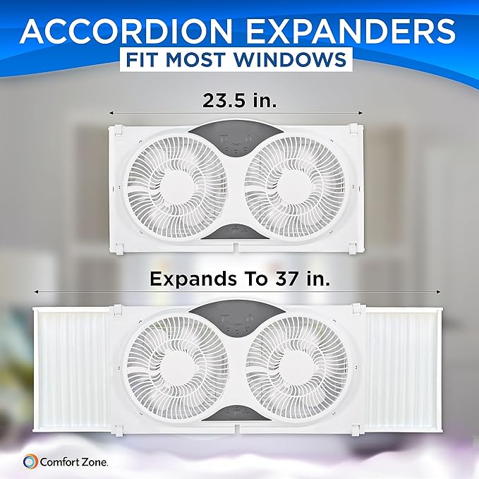 Comfort Zone 9-Inch Window Fan with Dual 3-Speed Fans, Auto-Locking Expanders, 3 Modes (Cool, Circulate, Exhaust), Wi-Fi App Control, Fabric Cover & Bug Screen
