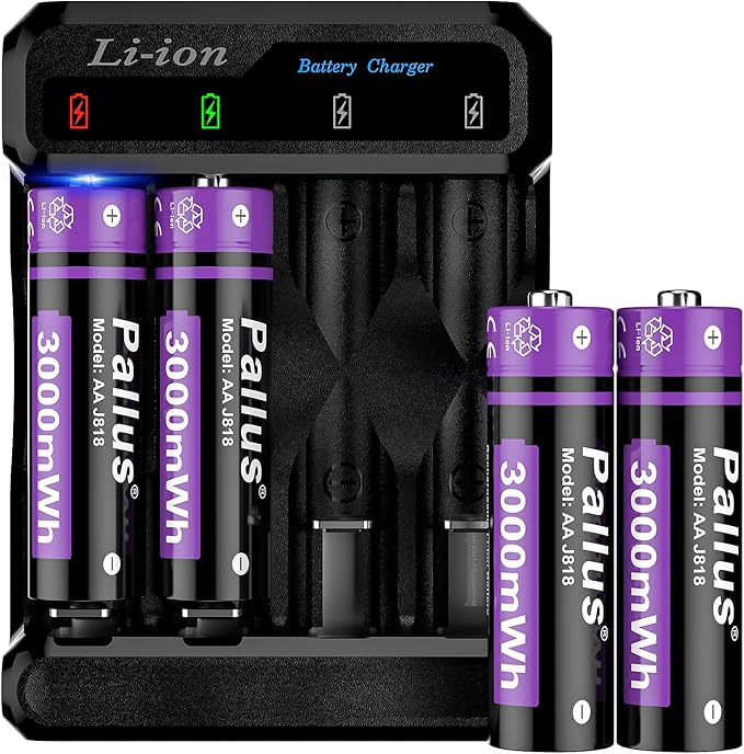 Pallus 1.5v Rechargeable Lithium AA Batteries with Charger - 4 Pack Long Lasting Double A Battery, High Capacity AA Rechargeable Batteries for Blink Cameras, Cycles 1600, Ideal for High-Drain Devices