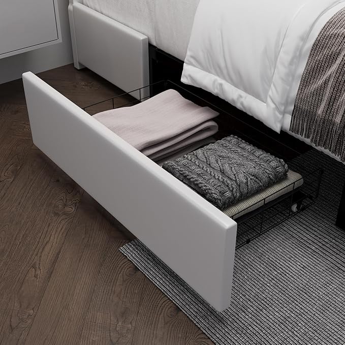 Keyluv King Size Bed Frame with RGB LED Lights & 2 Storage Drawers, Modern Upholstered Platform Bed with Iron Metal Decor, USB Charging Ports, White