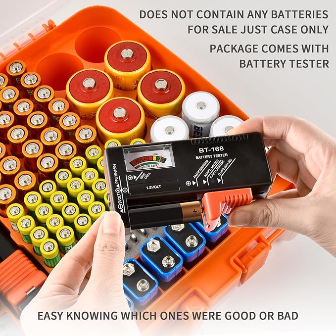 Aptbyte Battery Organizer Storage Holder Box Case with Tester- 269 Batteries Double-Sided Variety Pack, Holds AA AAA 4A C D Cell 9V 3V Lithium LR44 CR2 CR123 CR1632 18650 Button- Orange (Box Only)