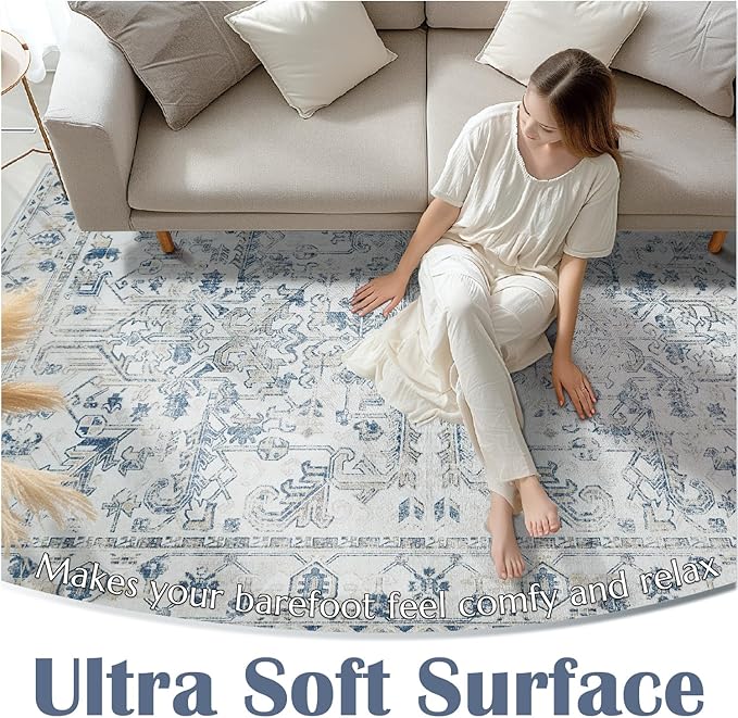 jinchan Lima Hallway Runner Rug 3x10 Washable - Vintage Floral Non Slip Low-Pile Soft Ultra-Thin Faux Wool Kitchen Rug Distressed Carpet Runner for Farmhouse Bedroom Laundry (3x10ft, Blue)