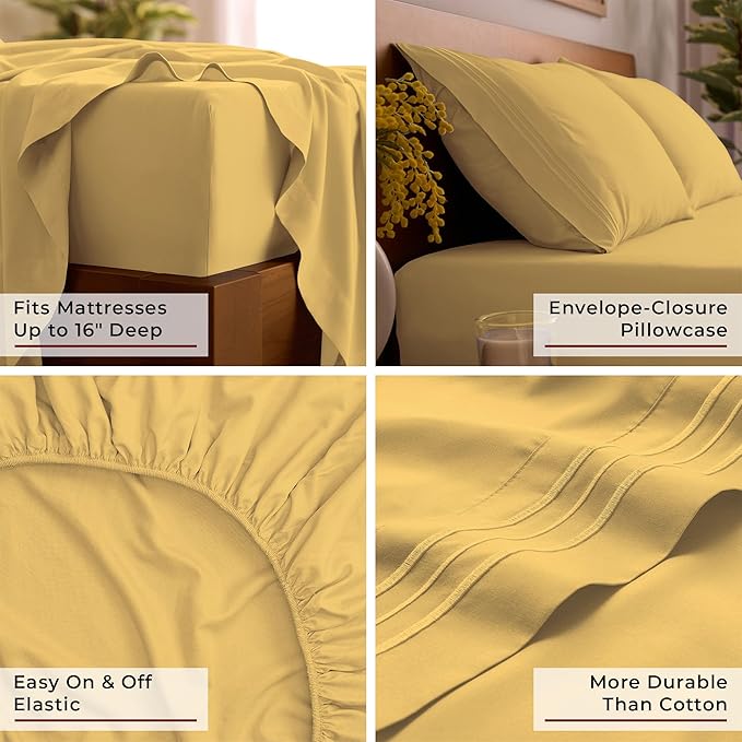 Mellanni Split King Sheet Set - 7-Piece Iconic Collection Bedding, (Including 4 Pillowcases), 16-Inch Deep Pocket, Easy Care, Extra Soft, Cooling Sheets, Brushed Microfiber - Yellow