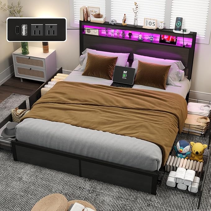 Queen Bed Frame with Storage Headboard and 4 Drawers, Metal Platform Bed Frame with LED Light, Charging Station, No Box Spring Needed, Noise Free, Easy Assembly,Charcoal Grey