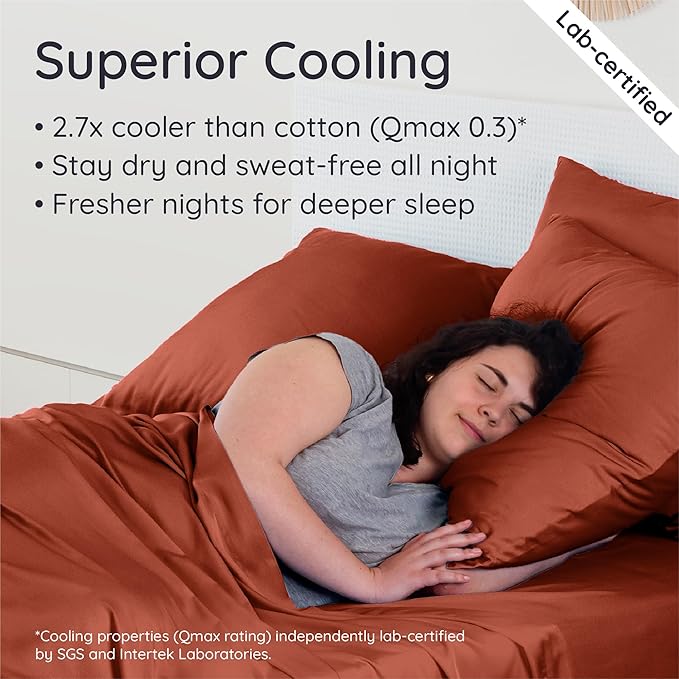 Bambaw 100% Viscose Derived from Bamboo Sheets Queen Size – 6pcs Queen Sheet Set Cooling Sheets, Fits Up to 16'' with Elastic Corner Straps, Breathable & Super Soft Bedding Set (Terracotta)