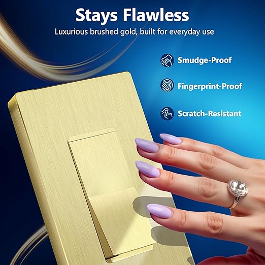 LIDER Brushed Gold Minimalist Design Decorator Switch, Frameless Paddle Wall Light Switch, On/Off Rocker Switch, 3-Way or Single Pole, Residential Grade, UL Listed, 3 Wire, 15A 120-277VAC