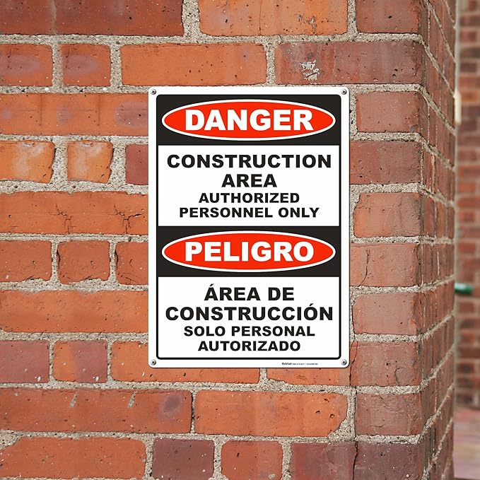 Brimar - 10" x 14" - Bilingual Danger Construction Area Authorized Only Sign - .040″ Rust-Free Aluminum - Bold Text - Easy Installation