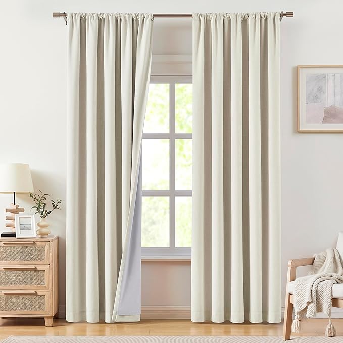 Vision Home Natural Linen Full Blackout Curtains for Bedroom Living Room Darkening Energy Efficient Window Panels 72 inch Thermal Insulated Rod Pocket Back Tab Linen Drapes 56" Wx72 Lx2
