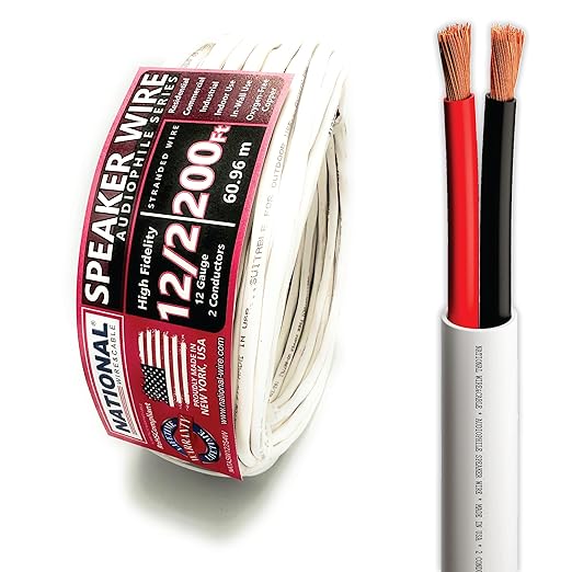 NATIONAL Wire&Cable - 12/2 Audiophile Speaker Wire (200 Feet) 12AWG Gauge - Made in USA - in Wall Audio Speaker Wire Cable/CL Rated/ETL Listed / 2 Conductors - OFC Oxygen-Free Copper, White 200ft