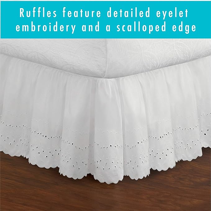 Fresh Ideas Eyelet Bed Skirt, Ruffled Design, 18 Inch Drop, Embroidered Scalloped Edge, California King, White