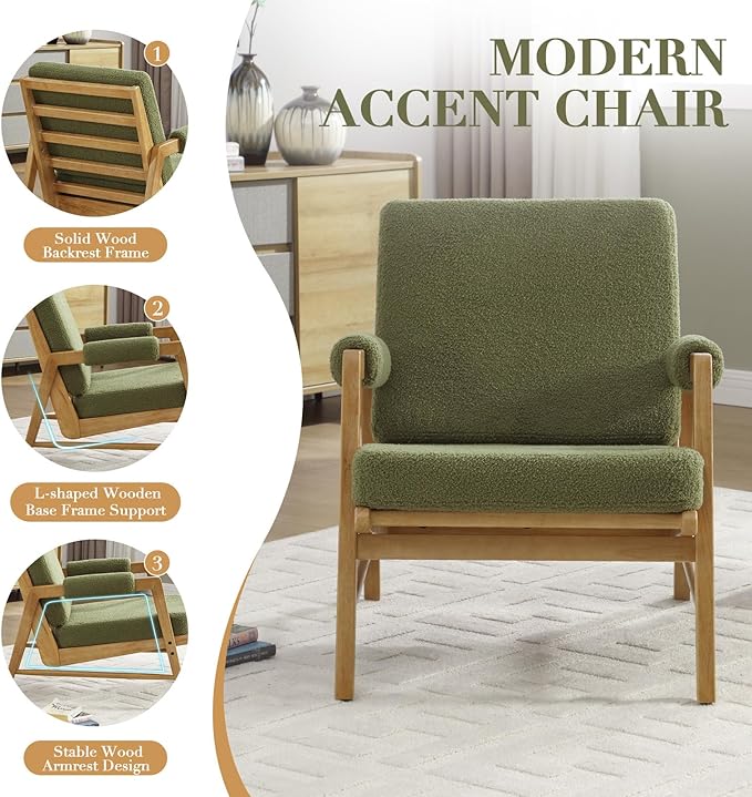 HEAH-YO Modern Accent Chair Set of 2, Upholstered Boucle Fabric Living Room Chair with Wooden Frame, Comfy Armchair with Thick Cushion for Bedroom Balcony, Green