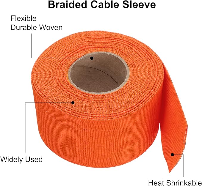 MECCANIXITY Braided Cable Sleeves Heat Shrinkable Fabric Sleeving, 2" 33ft Orange 2:1 Ratio Heat Shrinkable Cord Protector for Harness Cable, Network Cable Protection, Cable Management