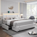 Keyluv King Size Bed Frame with RGB LED Lights & 2 Storage Drawers, Modern Upholstered Platform Bed with Iron Metal Decor, USB Charging Ports, White