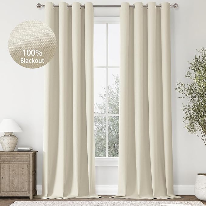 ChrisDowa 100% Blackout Birch Solid Curtains 108 Inches Long 2 Panels for Bedroom Living Room,Farmhouse Room Darkening Thermal Insulated Soundproof Grommet Top Window Treatment Drapes,52x108