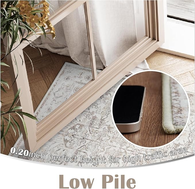 jinchan Lima Washable Area Rug 3x5 Entryway Rug - Distressed Vintage Floral Ultra-Thin Low-Pile Soft Non-Shedding Indoor Floor Carpet for Kitchen Bedroom Entrance Laundry Living Room (3x5ft, Taupe)