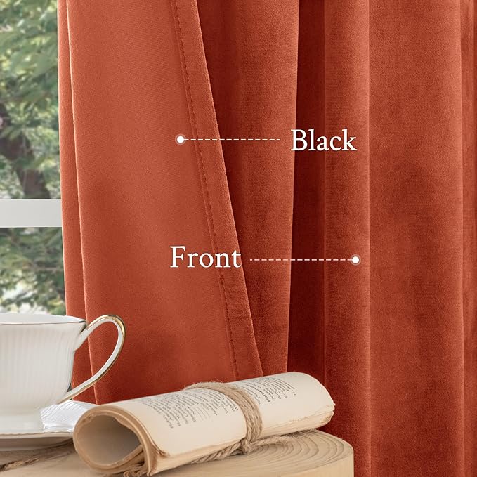 LAMIT Terracotta Velvet Curtains for Living Room, 96 Inch Thermal Insulated Noise Reducing Panels Rustic Vintage Room Darkening Drapes with Back Tab and Rod Pocket, 2 Panels, 52 x 96 Inch