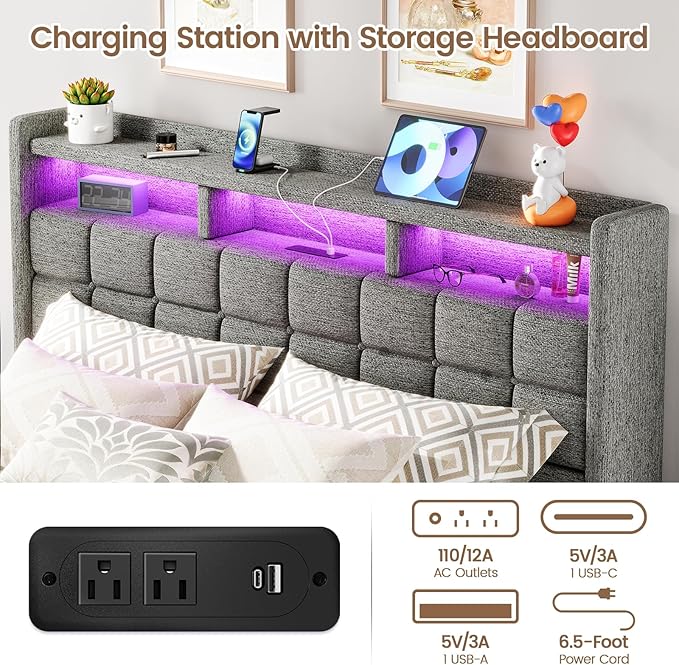 Lift Up King Size Bed Frame with Storage, Upholstered King Bed Frame with Charging Station and LED Lights Headboard, No Box Spring Needed, Easy Assembly - Light Grey