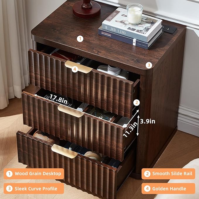LEYAOYAO 23" Wide Fluted Night Stand with Charging Station, 3 Drawers Large End Table with Storage, Walnut Nightstand Wood Bedside Tables, Farmhouse Cabinet Dresser for Bedroom, Closet