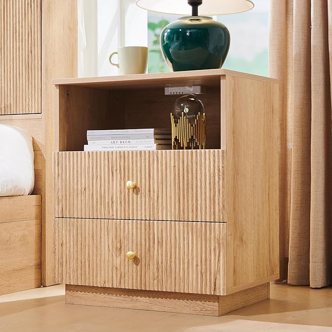 Fluted Night Stand with Charging Station, 21.65" Nightstand with Drawer/Open Shelves, 2 Drawer Dresser for Bedroom, Morden End Table Bedside Table for Bedroom, Living Room, Natural