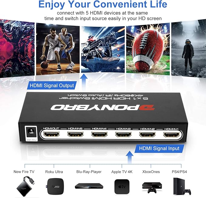 PONYBRO HDMI 2.0 Switch 5 Port 4K@60Hz Auto-Switching – 5 in 1 Out with Remote, HDR10, 3D, Ultra HD for PS5/Xbox/PC/Fire TV, Zero Delay