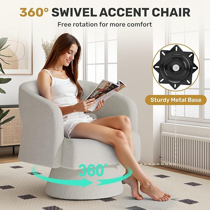 Swivel Accent Chair, Modern Comfy Teddy Barrel Chairs, Oversized Upholstered Round Arm Chair for Living Room, Bedroom, Reading Room, White, 1 PCS