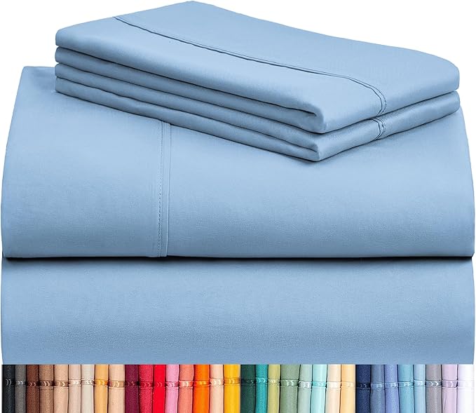 LuxClub 4 PC Queen Sheet Set, Deep Pockets Wrinkle Free Cooling Bed Sheets Hotel Bedding for Women, Men, Includes 1 Fitted Sheet, 1 Flat Sheet and 2 Pillowcases-Silky Soft Sky