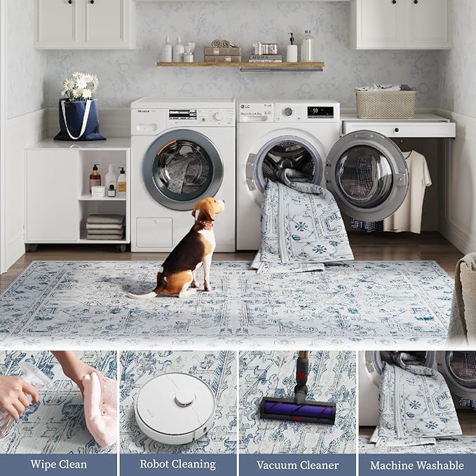 jinchan Lima Hallway Runner Rug 2x8 Washable - Vintage Floral Non Slip Low-Pile Soft Ultra-Thin Faux Wool Kitchen Rug Distressed Carpet Runner for Farmhouse Bedroom Laundry (2x8ft, Blue)