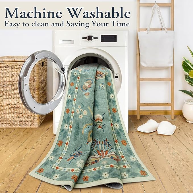 Lahome Insect Washable Small Area Rug, 3x5 Area Rug for Bedroom Living Room, Non-Slip Soft Accent Throw Carpet for Kitchen Office Entryway Bathroom Office, Green