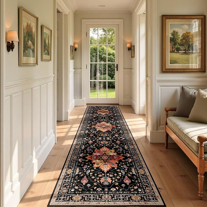 Area Rugs 2'x7' Washable Non-Slip, Floral Vintage Distress Print Pattern Medallion Carpet for Living Room Bedroom Dining Room, Black Colorful Floral Dark Tan