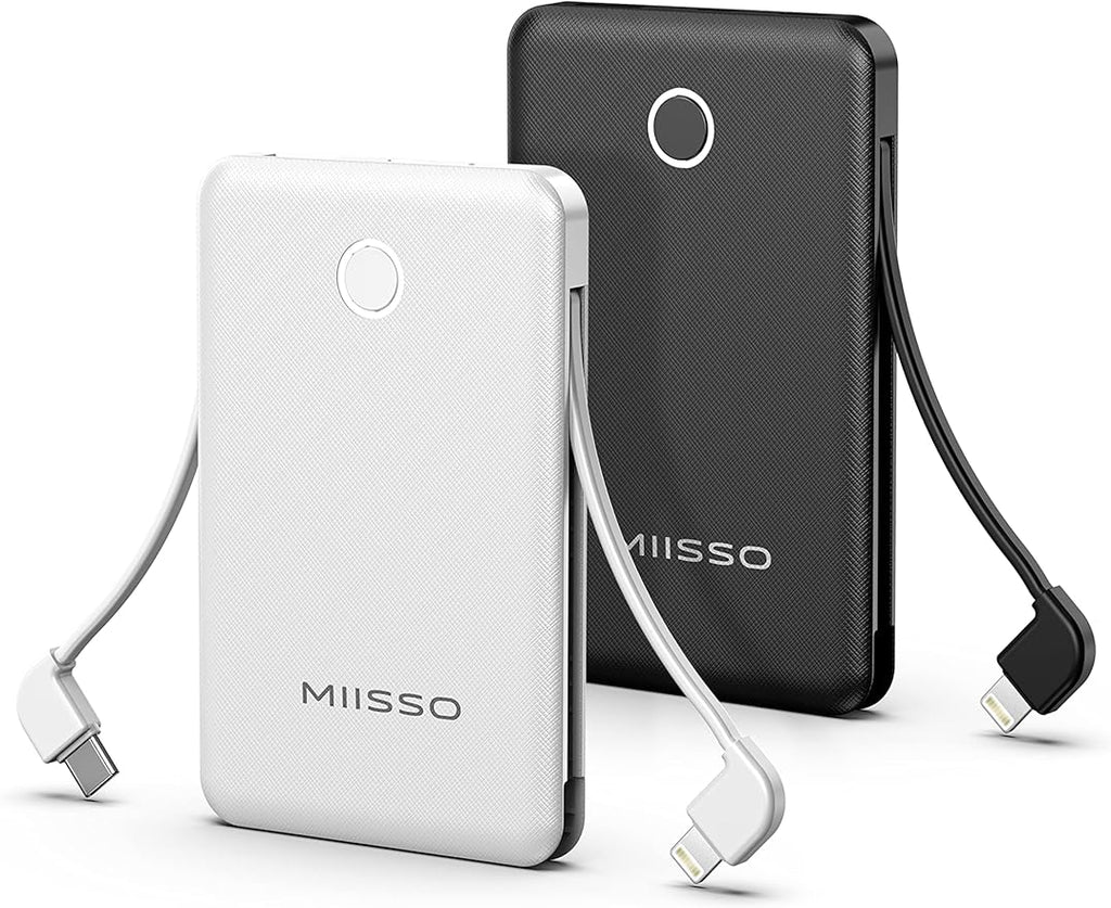 6000mah Ultra Slim Built in Cables Power Bank, Card Size Built in USB C Cords Battery Pack Portable Charger for Phones, 3 Output External Battery Pack Compatible with iPhone, 2-Pack Black & White