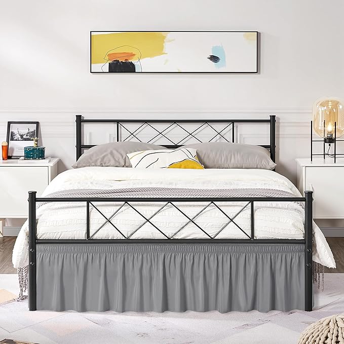 Biscaynebay Wrap Around Bed Skirts with Split Corners for King Beds 15 inch Drop, Silver Grey Adjustable Elastic Dust Ruffles Easy Fit Wrinkle Resistant Silky Luxurious Fabric Machine Washable