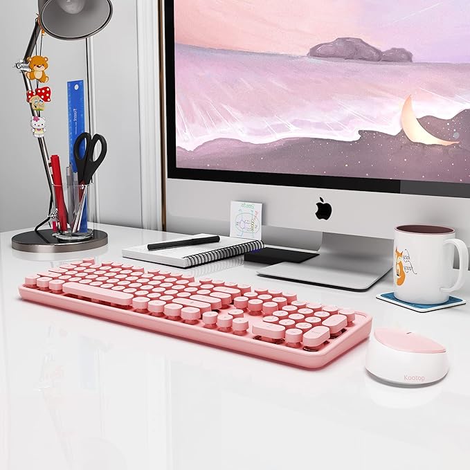 Kootop Wireless Keyboard, Cute Colorful 104 Keys Typewriter Retro Round Keycaps Keyboard for PC Laptop,Desktop,Windows, Home and Office Keyboards (Pink)
