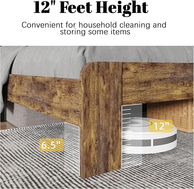 Queen Size Bed Frame with Farmhouse Headboard, Rustic Boho Wooden Bedframe with LED Lights and Charging Station, Easy Assembly, No Box Spring Needed (Brown, Queen)