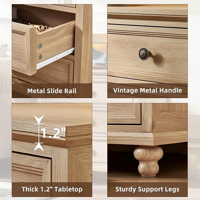 24" Wide Farmhouse Night Stand,Large End Table with 3 Drawers & Metal Handle,Natural Wood Dresser for Bedroom Cabinet, Bed Side Table Chest of Drawers,Nightstand for Living Room,Close