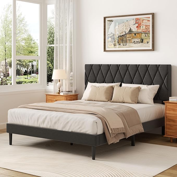 Full Size Bed Frame with Diamond Tufted Headboard, Linen Upholstered Platform Bed and Wooden Slat Support, Noise-Free, No Box Spring Needed, Easy Assembly, Dark Grey