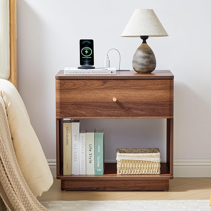 Narrow Nightstand Set of 2, Wooden Small 2 Drawer Nightstand, Slim Side End Table, Skinny Bedside Table, Mid Century Modern Night Stand with Drawers, for Living Room (Walnut-Charging Station-1 pc)
