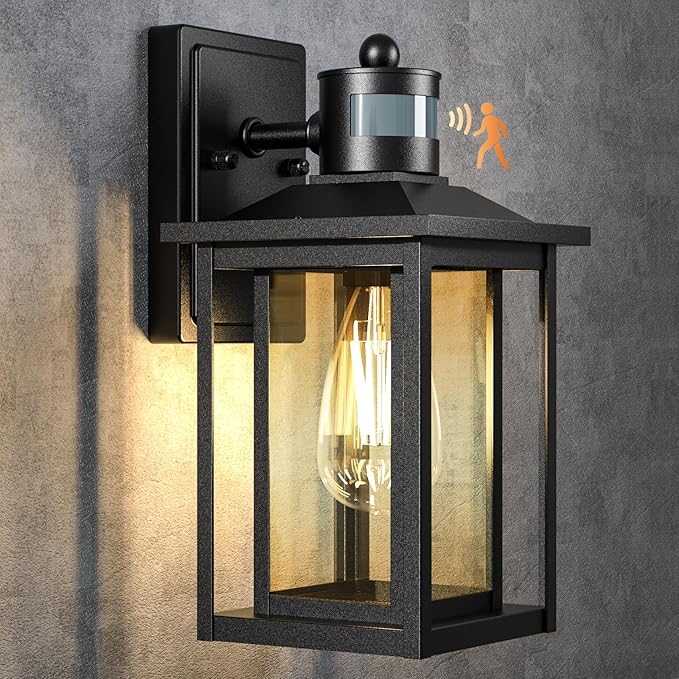 LTBLIGHT Motion Sensor Dusk to Dawn Outdoor Light, 4-Modes Adjustable Black Exterior Lighting Fixture, Waterproof Outside Wall Mount Lantern for Home, Entry, Backyard, Patio, 120V