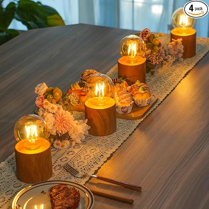 JHY DESIGN Set of 4 Wood Grain Table Lamp 6.5" Tall Cordless Lamp Light with Edison Style Bulb and 6 Hours Timer Battery Operated Lamp Great for Living Room Weddings Parties Patio Indoors Outdoors