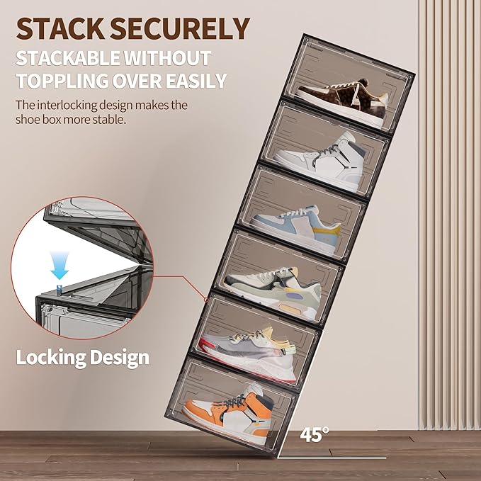 8 Pack XX Large Shoe Organizer, Heavy-Duty Hard Thicken Plastic Clear Stackable Shoe Storage Box Organizer for Closet, Space-Saving Shoe Rack Display Case Bin Containers for Sneakers, Grey