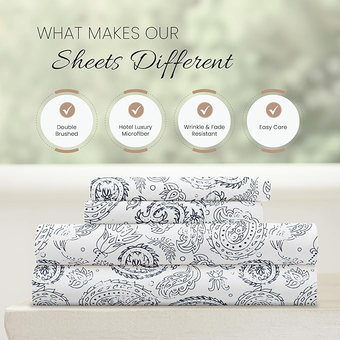 Linen Market Double-Brushed Patterned Microfiber Full Sheet Set 4 Piece – Oeko-TEX Certified Ultra Soft & Wrinkle-Free - 16" Deep Pocket Sheets - Easy Care Full Size - Coarse Paisley Navy