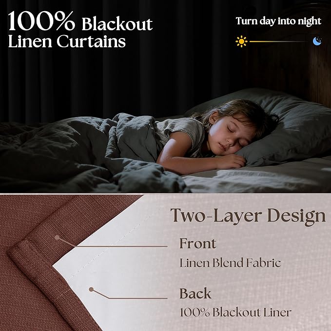 Chestnut Brown Linen Pinch Pleated Blackout Curtains 108 Inches Long for Bedroom Pleated 100% Black Out Drapes with Liner Rust Farmhouse Country Extra Long 108 Inch Curtain for Living Dining Room