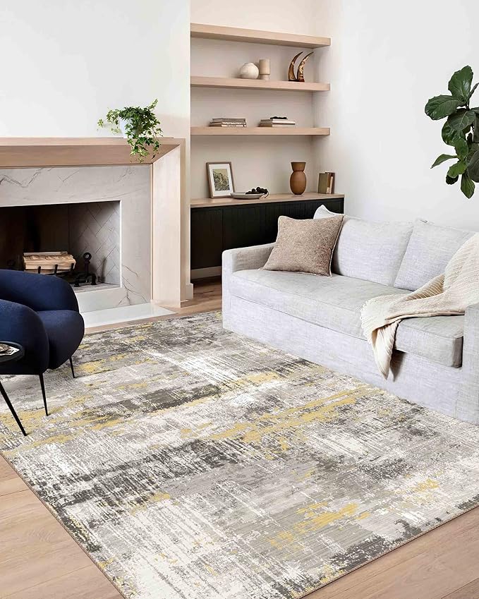 3x5 Rug, Small Area Rug for Living Room, Bedroom, Kitchen, Machine Washable Non-Slip Throw Rug, Modern Abstract Carpet for Entryway Nursery Coffee Table - Durable (Yellow)