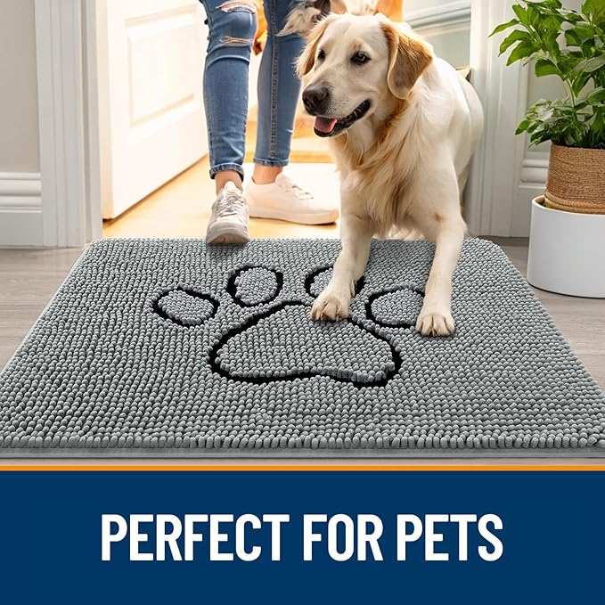 OLANLY Dog Door Mat for Muddy Paws 35x24, Paw Print Design, Absorbs Moisture and Dirt, Absorbent Non-Slip Washable Doormat, Quick Dry Chenille Mud Mat for Dogs, Entry Indoor Entryway Carpet, Grey