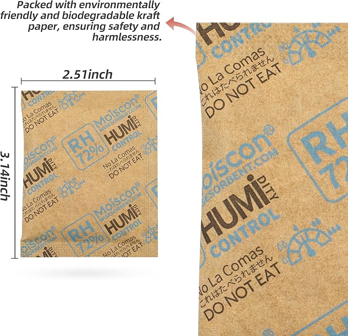 Wisesorb 72% Two-Way Humidity Control Packs- 8 Gram Moisture Absorbers for Herbs, Wood Humidifier Boxes - Natural Craft Paper Design, Individually Sealed Packets, Prevents Leaks [90 Pack]