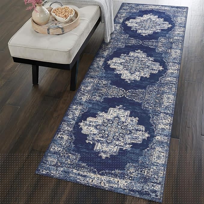 vivorug Runner Rug 2'x8' Machine Washable Non-Slip Runners for Hallways Kitchen Entryway Laundry Room Vintage-Inspired Carpet Hallway Runner Navy Blue