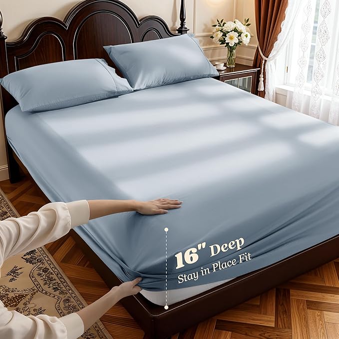 LBRO2M 1000 Thread Count 100% Egyptian Cotton Sheets Set Clifornia King, 4 Piece Sets Bed Sheet Deep Pocket Sheet Set 16" Soft Comfortable All Season (Clifornia King, French Blue)